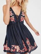 Choies Navy V-neck Lace Up Front Embroidery Floral Mini Dress
