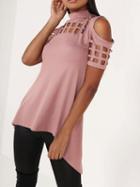 Choies Pink High Neck Lattice Cut Out Split Back Cold Shoulder Top