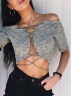 Choies Gray Off Shoulder Lace Up Front Knitted Crop Top