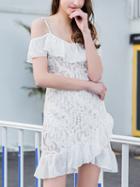 Choies White Spaghetti Strap Ruffle Trim Lace Mini Dress