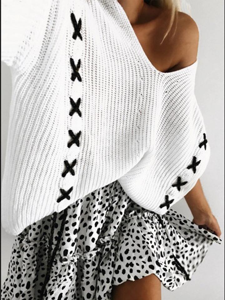 Choies White V-neck Lace Up Long Sleeve Chic Women Knit Sweater
