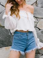 Choies White Off Shoulder Ruffle Slit Bell Sleeve Top