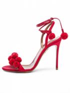 Choies Red Lace Up Pom Pom Detail Heeled Sandals