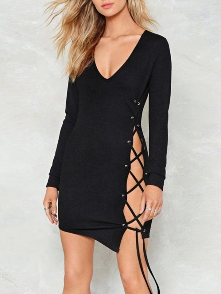 Choies Black V Neck Side Lace Up Long Sleeve Bodycon Dress