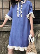 Choies Blue Cotton Button Placket Front Ruffle Trim Chic Women Mini Dress