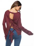 Choies Burgundy Strap Cross Back Long Sleeve Knit Sweater
