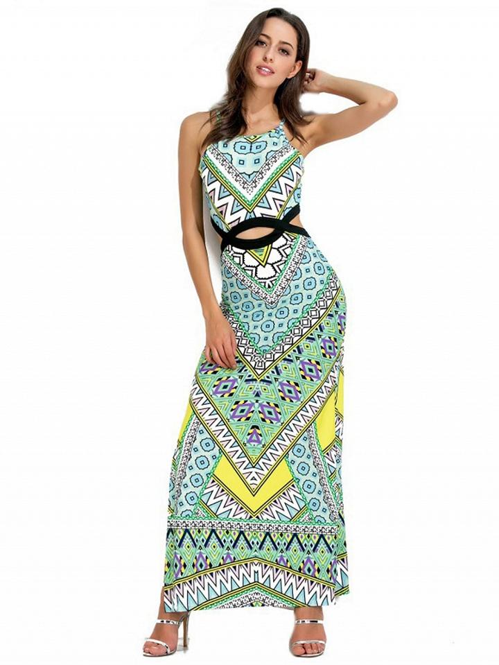Choies Green Geo-tribal Open Belly Side Split Maxi Dress