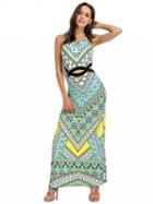 Choies Green Geo-tribal Open Belly Side Split Maxi Dress