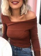 Choies Brown Cold Shoulder Long Sleeve T-shirt