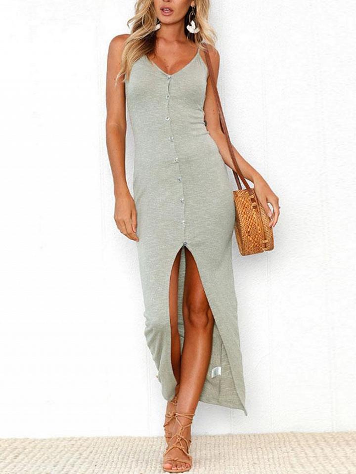 Choies Gray Cotton V-neck Button Placket Front Chic Women Cami Maxi Dress