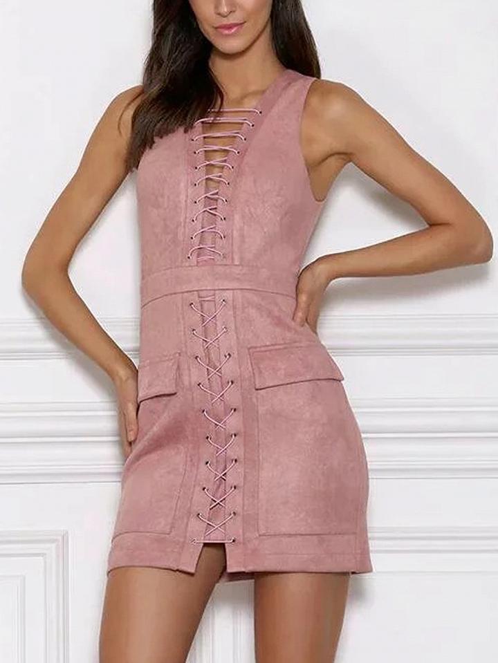 Choies Pink Faux Suede Lace Up Front Mini Dress