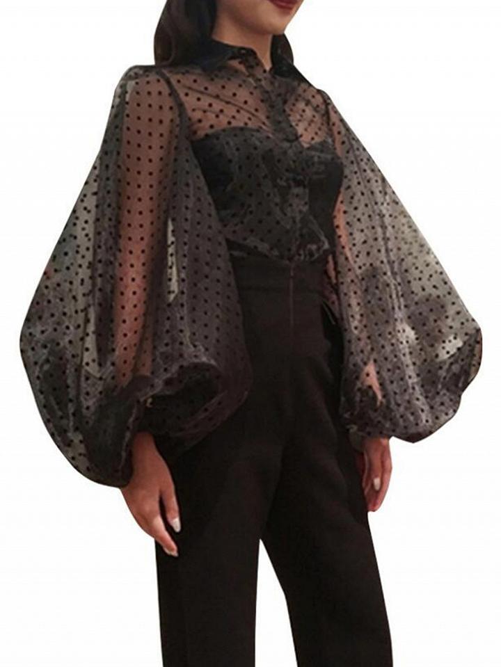 Choies Black Lapel Polka Dot Print Puff Sleeve Chic Women Sheer Shirt