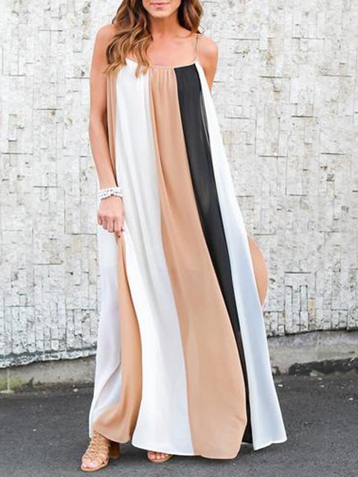 Choies Khaki Stripe Contrast Spaghetti Strap Maxi Dress