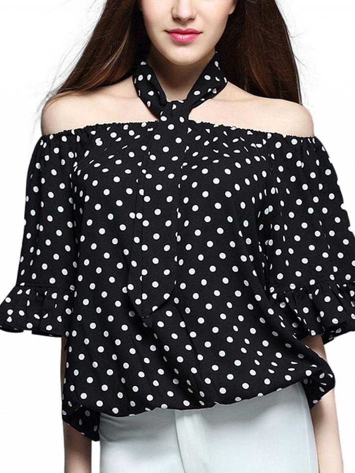Choies Black Off Shoulder Choker Neck Polka Dot Blouse