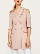 Choies Pink Lapel Cold Shoulder Double Breasted Half Sleeve Slim Blazer