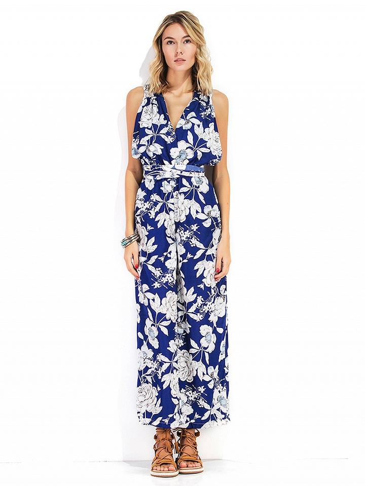 Choies Dark Blue Floral Print Multi Strap Wide Leg Sleeveless Jumpsuit