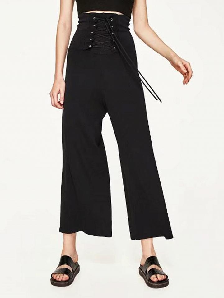 Choies Black Lace Up High Waist Wide Leg Palazzo Pants