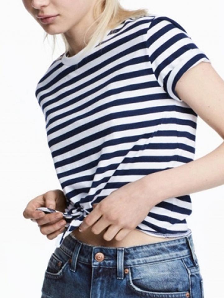 Choies Navy Stripe Tie Front Short Sleeve T-shirt