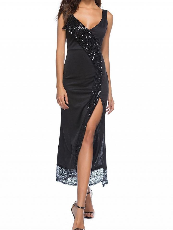 Choies Black V-neck Sequin Detail Panel Women Cami Maxi Dress