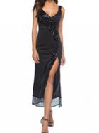 Choies Black V-neck Sequin Detail Panel Women Cami Maxi Dress