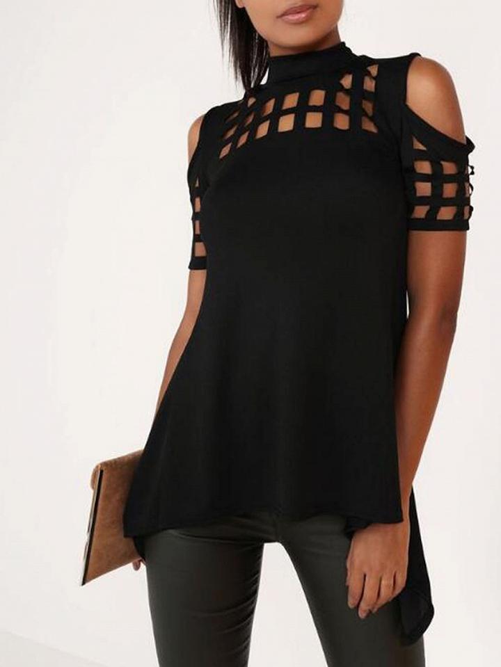 Choies Black High Neck Lattice Cut Out Split Back Cold Shoulder Top