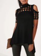 Choies Black High Neck Lattice Cut Out Split Back Cold Shoulder Top