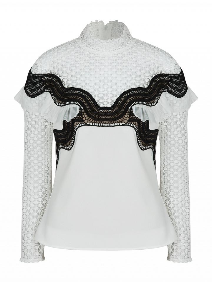 Choies White High Neck Contrast Ruffle Cut Out Lace Panel Long Sleeve Blouse