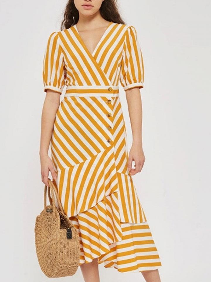 Choies Yellow Stripe V-neck Button Placket Front Chic Women Maxi Dress