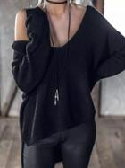 Choies Black V-neck Dipped Hem Long Sleeve Women Sweater