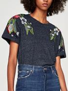 Choies Dark Gray Embroidery Floral Patch T-shirt