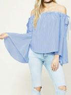 Choies Blue Off Shoulder Bow Detail Flared Sleeves Blouse