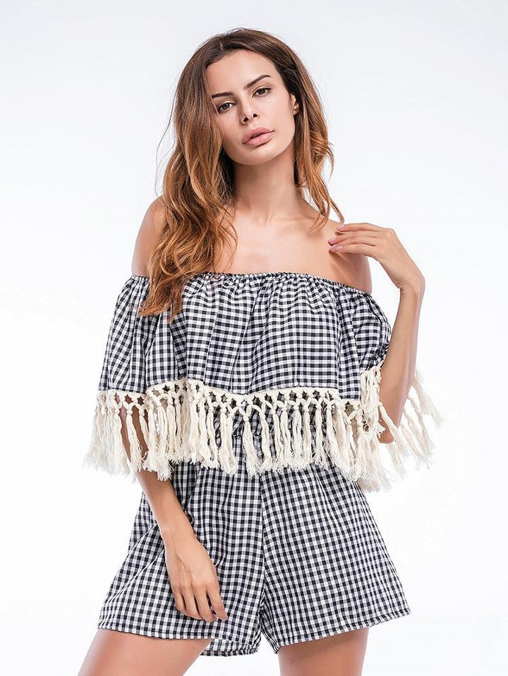Choies Monochrome Plaid Off Shoulder Tassel Detail Romper Playsuit