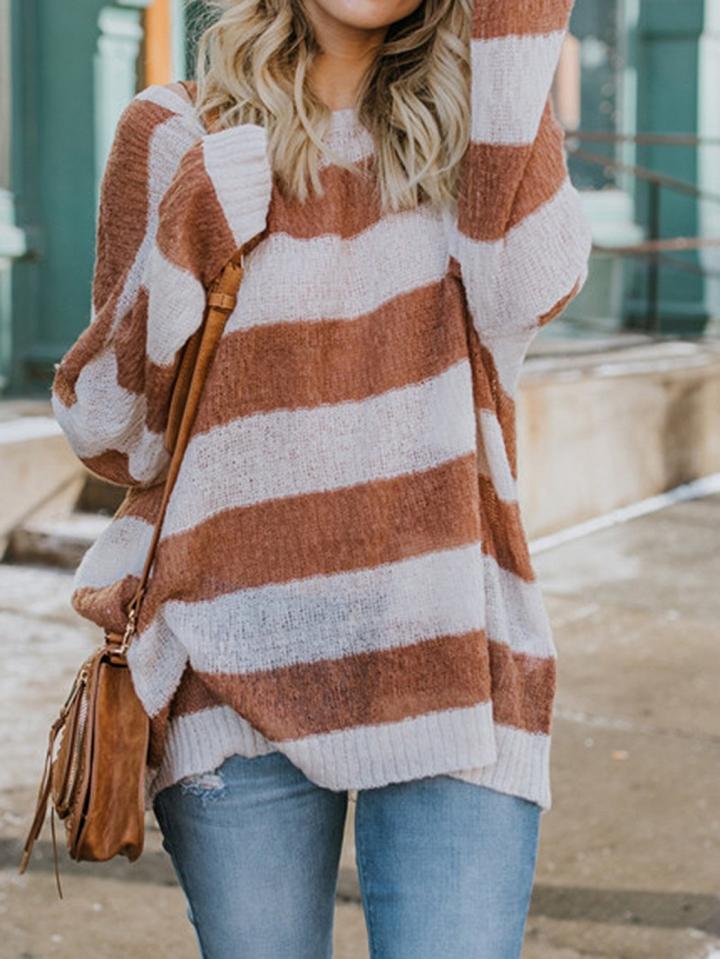 Choies Brown Stripe Long Sleeve Chic Women Knit Sweater