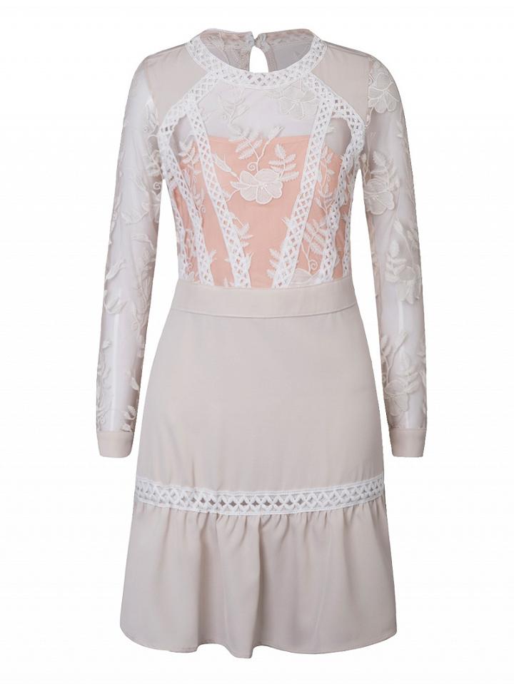 Choies Apricot Sheer Embroidered Open Back Lattice Insert Ruffle Dress