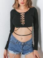 Choies Black Lace Up Front Tie Strap Long Sleeve Crop Top