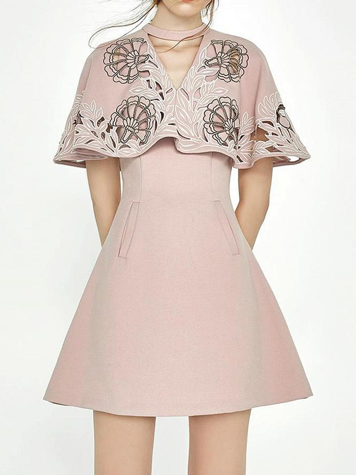 Choies Pink Choker Neck Embroidery Cape Overlay A-line Dress