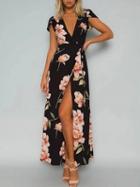 Choies Black Wrap Floral Print Tie Waist Split Maxi Dress