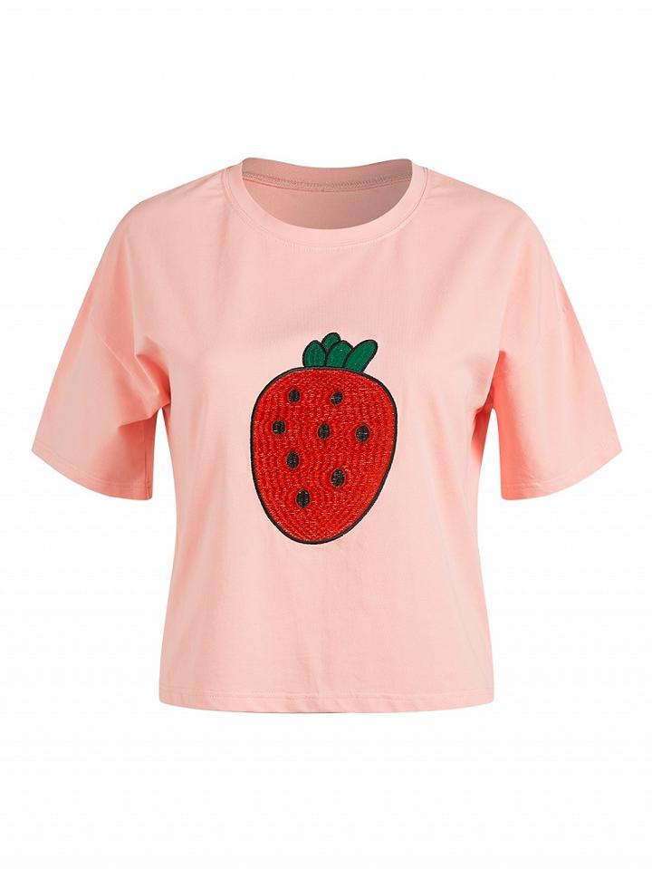Choies Pink Strawberry Embroidery Short Sleeve T-shirt