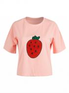 Choies Pink Strawberry Embroidery Short Sleeve T-shirt