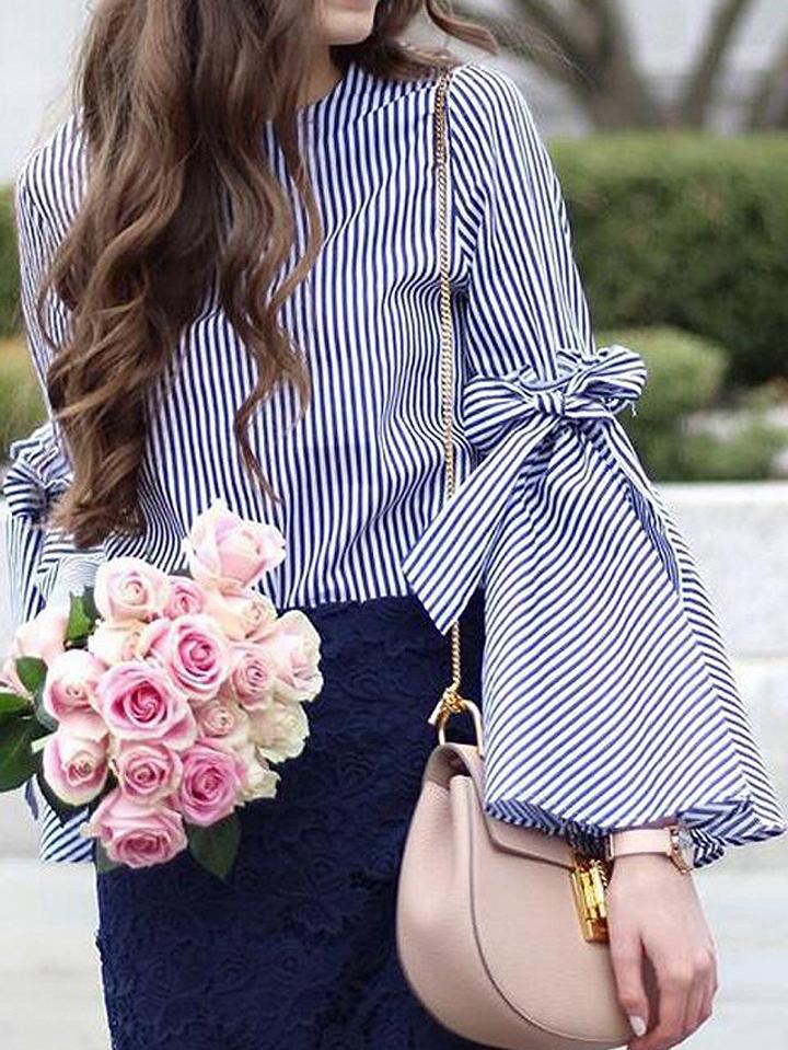 Choies Blue Stripe Bow Tie Split Bell Sleeve Top