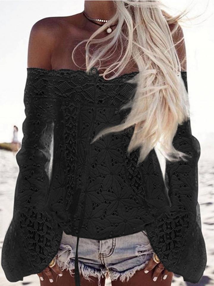 Choies Black Off Shoulder Bell Sleeve Cutwork Lace Panel Top