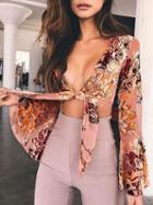 Choies Polychrome Plunge Tie Front Floral Flared Sleeve Crop Top
