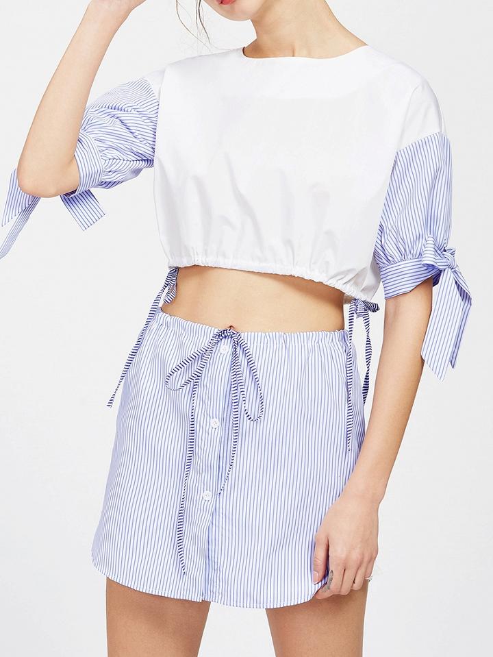 Choies Multicolor Stripe Panel Tie Detail Crop Top And High Waist Mini Skirt