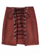 Choies Burgundy Faux Suede High Waist Lace Up Front Pencil Mini Skirt