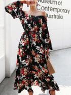 Choies Black Off Shoulder Floral Print Long Sleeve Maxi Dress
