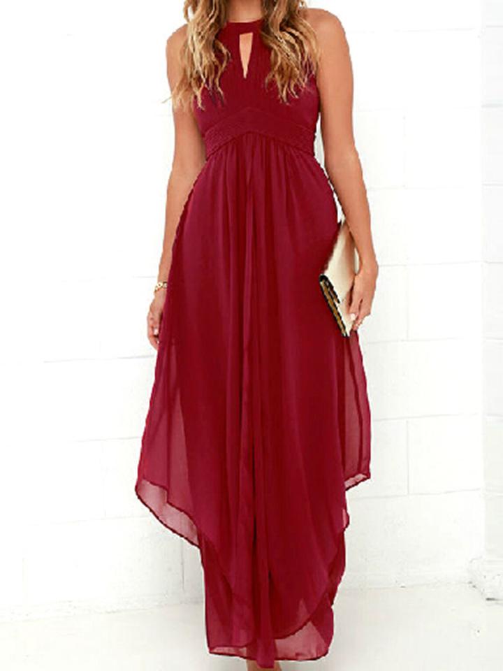 Choies Burgundy Halter Cut Out High Waist Ruched Chiffon Maxi Dress