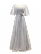 Choies Gray Sheer Mesh Lace Up Back Tulle Maxi Prom Dress
