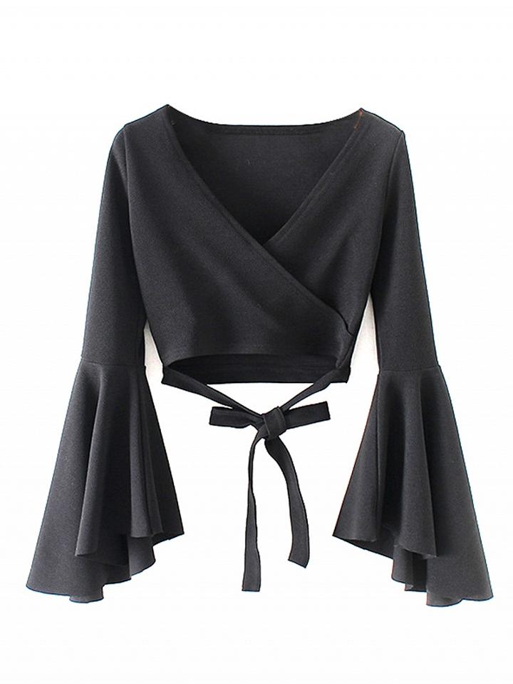 Choies Black V-neck Tie Waist Flare Sleeve Crop Blouse
