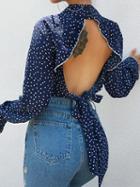 Choies Dark Blue Polka Dot Print Open Back Long Sleeve Chic Women Crop Blouse