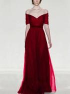Choies Burgundy V-neck Off Shoulder Lace Up Back Tulle Maxi Prom Dress